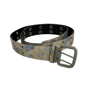 Y2K Floral Brocade Grommet Belt Women's 36" Beige Blue Double Prong Fairy  Punk‎